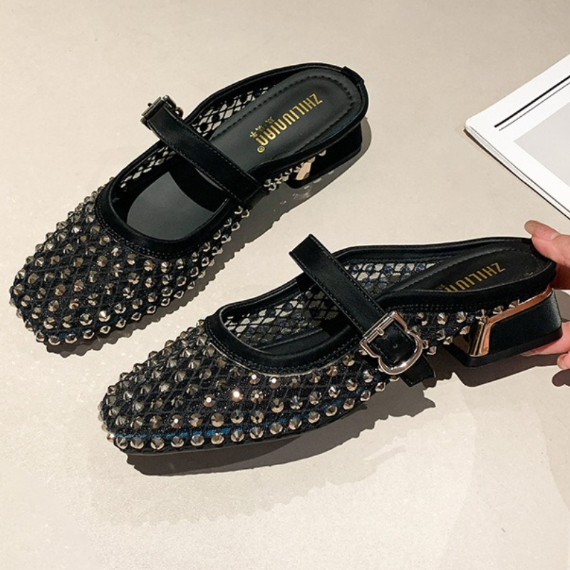 Women Shoes Mules - Maille strass talon épais Mules pantoufles
